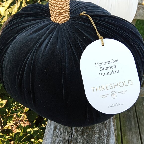 Big Fall Decor Plush Pumpkins Black White Velvet Feel Stem - Picture 2 of 8